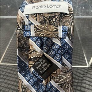Pronto Uomo Blue and Brown Geometric Silk Tie